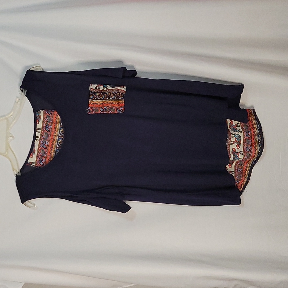 Navy blue top with shoulders out and Elephant print top.